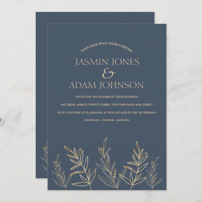 Invitación Opulencia azul real Opulencia oro deja Boda (Anverso / Reverso)