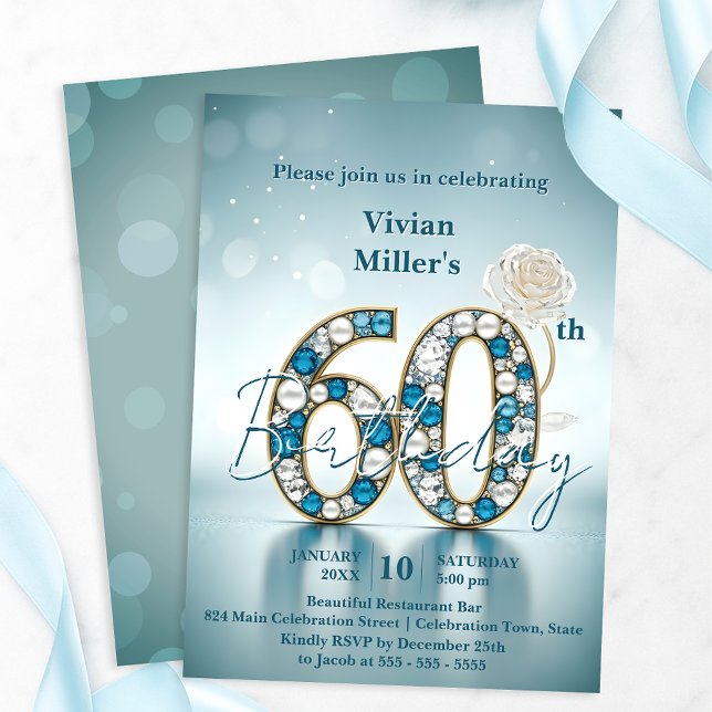 Invitación Opulent Blue and Pearl Jewels 60th Birthday Party (Subido por el creador)