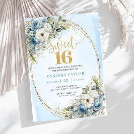 Invitación Opulent Dusty Blue Gold Sweet Sixteen Invitation