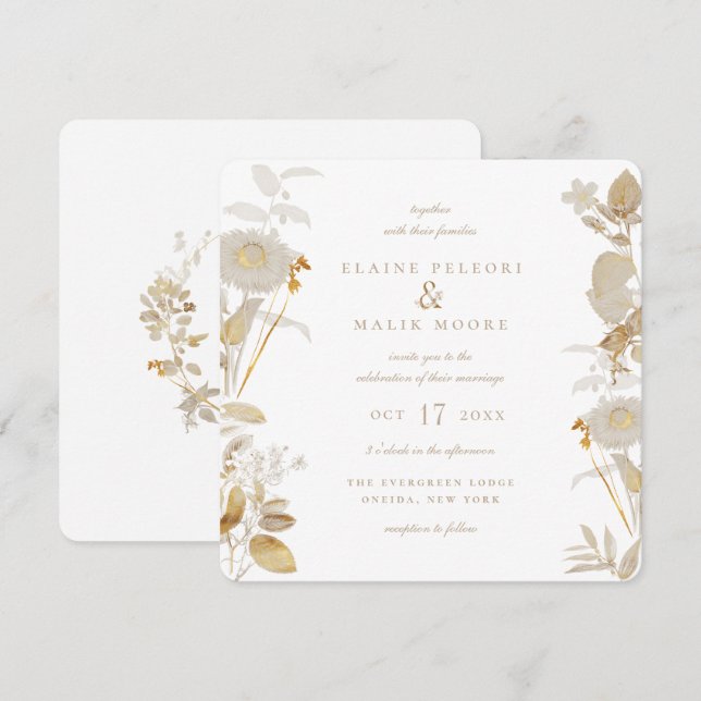Invitación Opulenta Boda de Jardín Dorado (Anverso / Reverso)