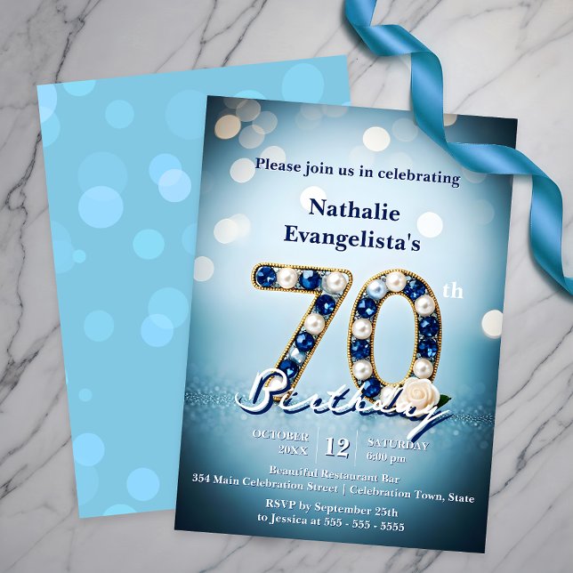 Invitación Opulenta Moda Joyas Azules y Perlas 70 cumpleaños (Subido por el creador)