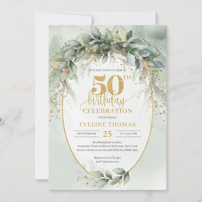 Invitación Opulento eucalipto verde boho 50 cumpleaños (Anverso)