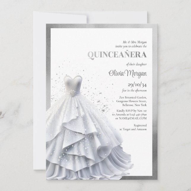 Invitación Opulento glamur elegante de vestido de plata Quinc (Anverso)