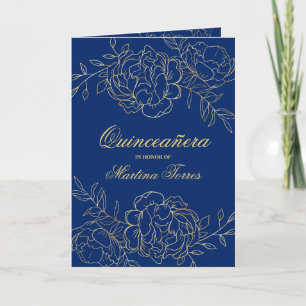 Invitación Opulento Oro y Azul Real Floral Quinceañera