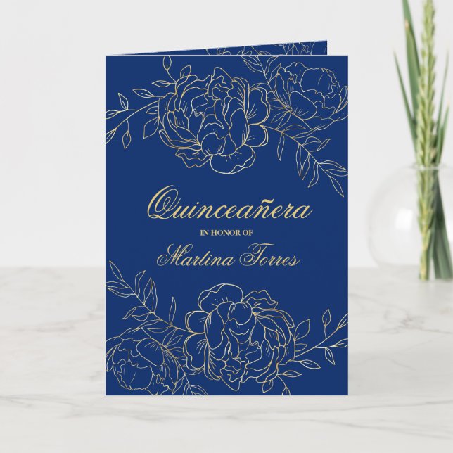 Invitación Opulento oro y flor azul real Quinceanera (Anverso)