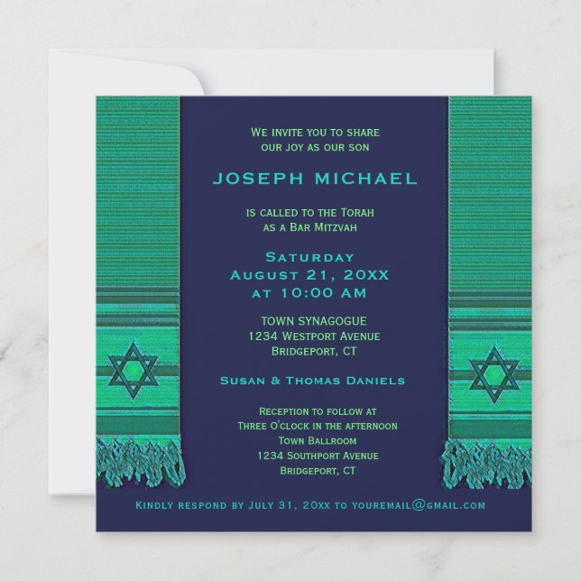 Invitación Oración Shawl Blue y Green Bar Mitzvah (Anverso)