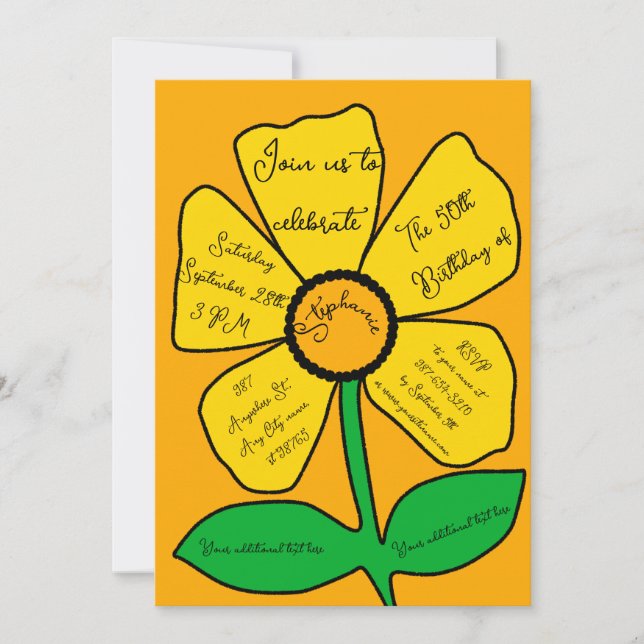 Invitación Orange 50th Birthday Gold Doodle Flower  (Anverso)