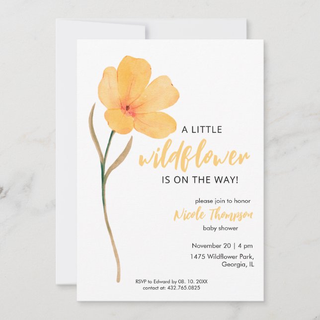 Invitación Orange A Little Wildflower On The Way Baby Shower (Anverso)