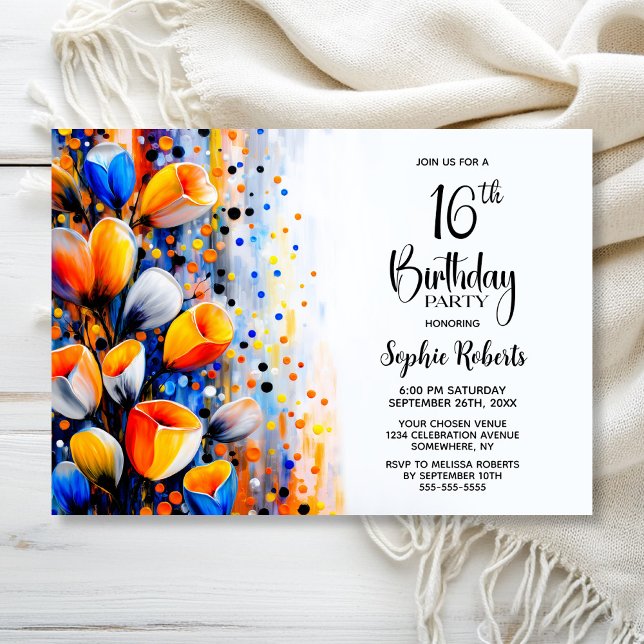 Invitación Orange and Blue Floral 16th Birthday Party (Subido por el creador)
