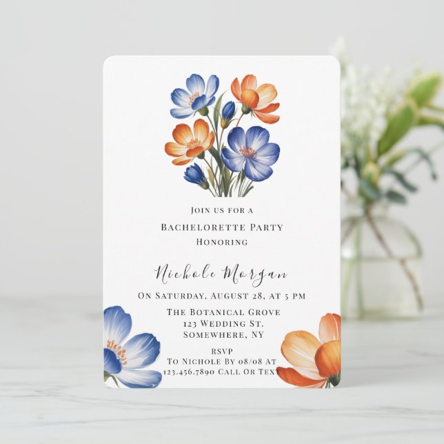 Invitación Orange and Cobalt Blue Floral Bachelorette Party (Anverso de pie)