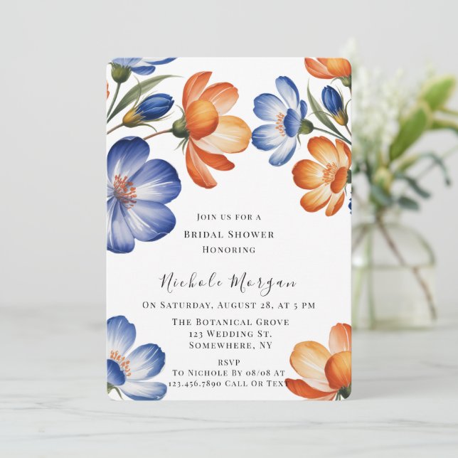Invitación Orange and Cobalt Blue Floral Bridal Shower (Anverso de pie)