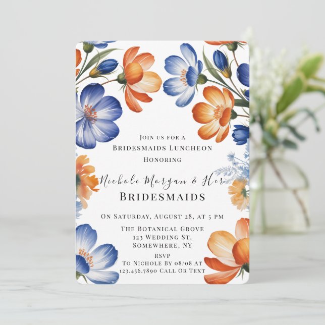 Invitación Orange and Cobalt Blue Floral Bridesmaids Luncheon (Anverso de pie)