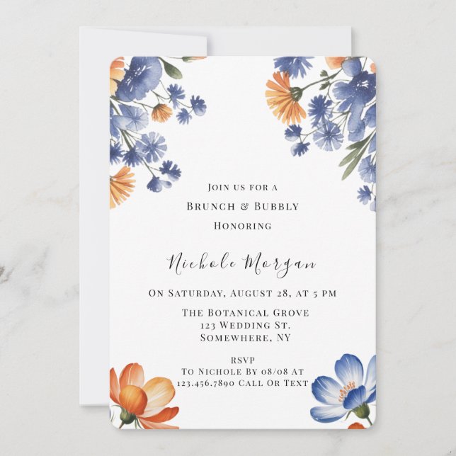 Invitación Orange and Cobalt Blue Floral Brunch & Bubbly (Anverso)