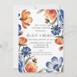 Invitación Orange and Cobalt Blue Floral Couples Shower