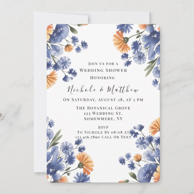 Invitación Orange and Cobalt Blue Floral Wedding Shower (Anverso)