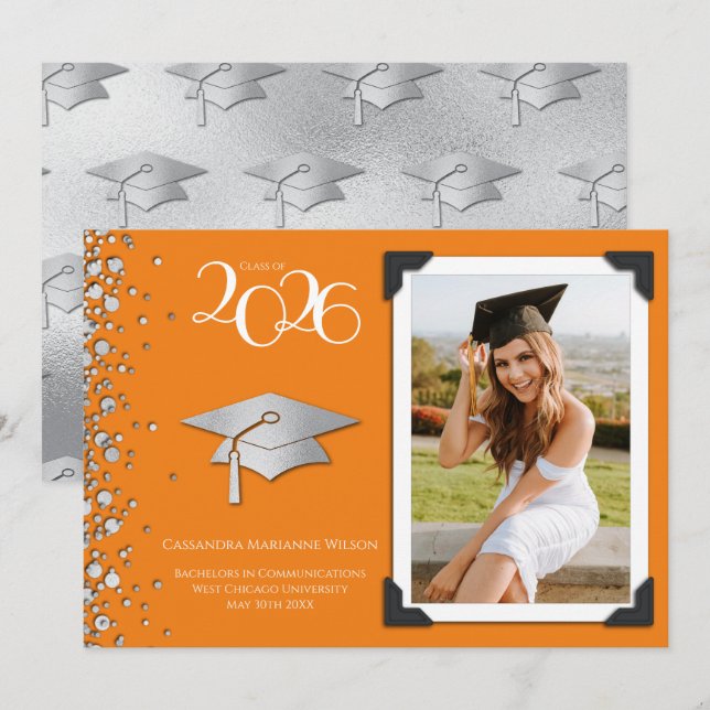 Invitación Orange and Silver Graduation Announcement Photo (Anverso / Reverso)