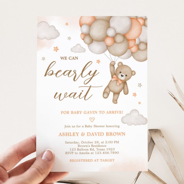 Invitación Orange Bear Balloons Baby Shower  (Bearly Wait Bear Baby Shower Invitation)