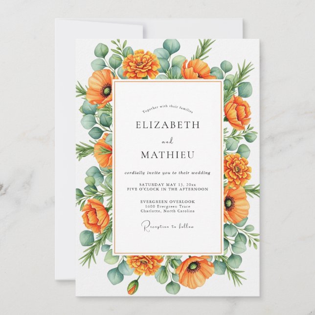 Invitación Orange Blissful Botanical Wedding (Anverso)