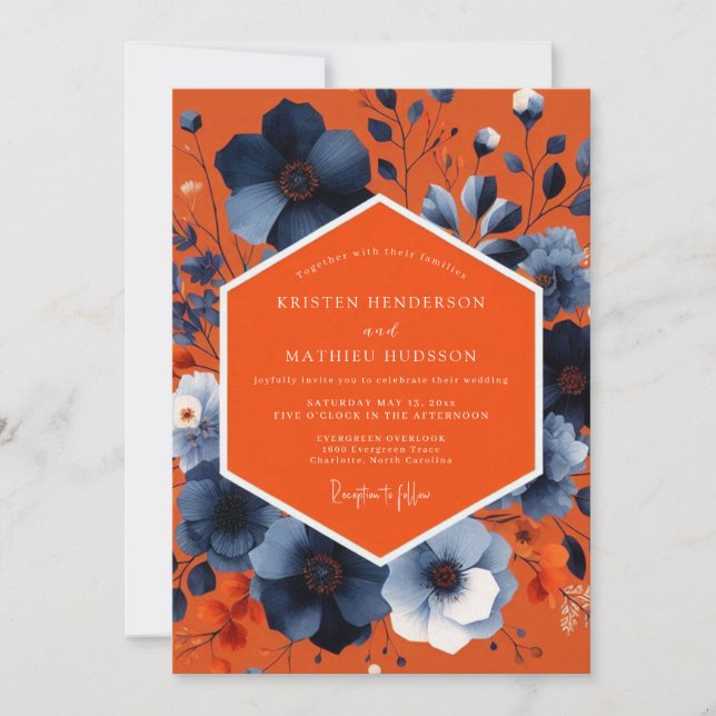 Invitación Orange Blue Floral Autumn Wedding (Anverso)