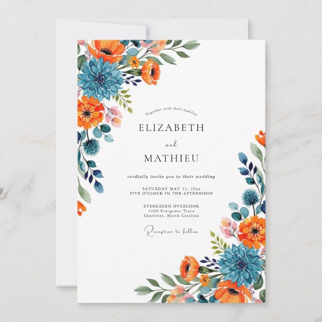 Invitación Orange Blue Floral Flourish Wedding (Anverso)