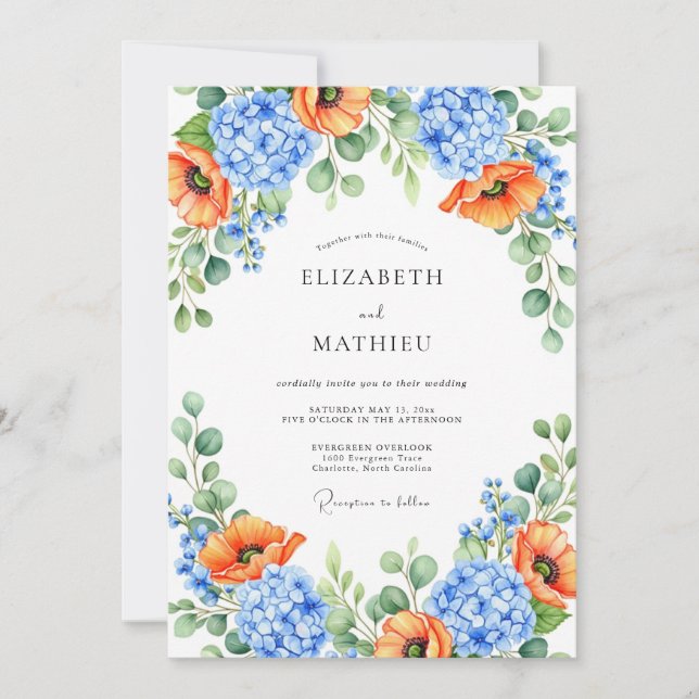 Invitación Orange Blue Floral Spring Wedding (Anverso)