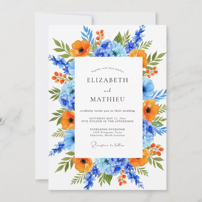 Invitación Orange Blue Vibrant Floral Wedding (Anverso)