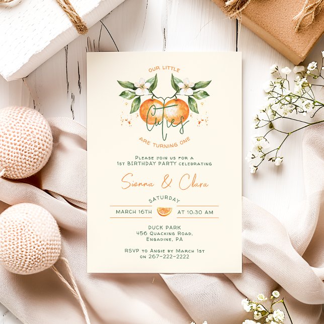 Invitación Orange Citrus Little Cuties Twin Birthday Party (Subido por el creador)