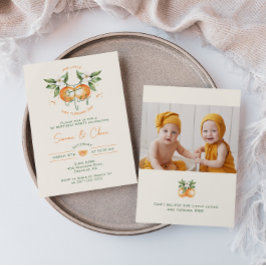 Invitación Orange Citrus Little Cuties Twin Photo Birthday
