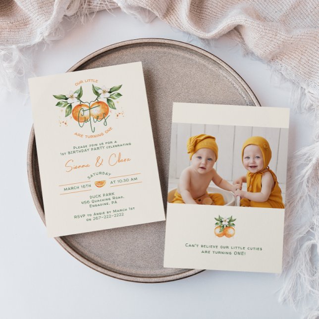 Invitación Orange Citrus Little Cuties Twin Photo Birthday (Subido por el creador)