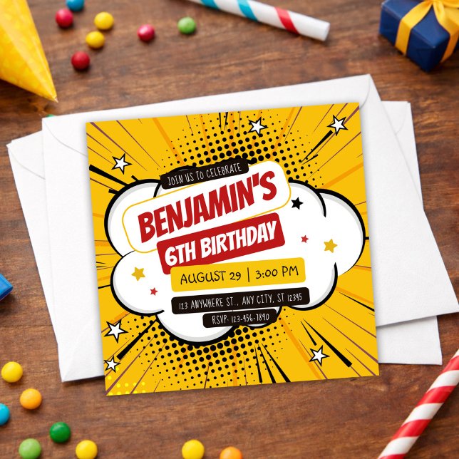 Invitación Orange Comic Superhero Pop Art Kids 6th Birthday (Orange Comic Superhero Pop Art Kids 6th Birthday Invitation, Boy Birthday Invite)