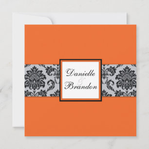 Invitación Orange Damask Monogram Wedding Invitation