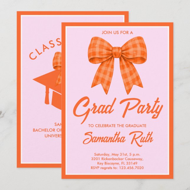 Invitación Orange Gingham Bow Graduation Party (Anverso / Reverso)