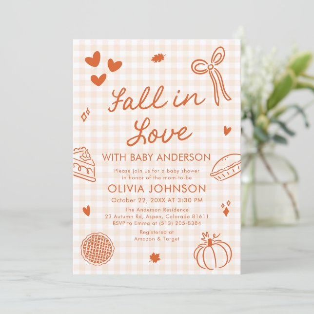 Invitación Orange Gingham Hand Drawn Fall in Love Baby Shower (Anverso de pie)