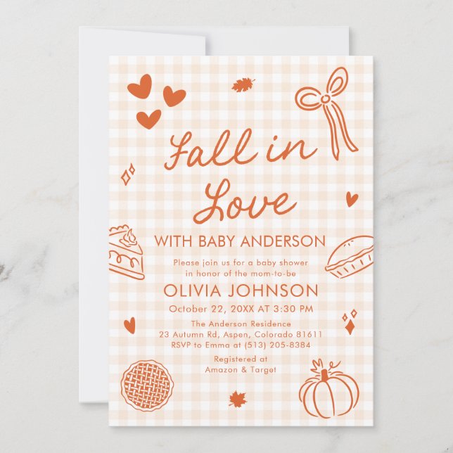 Invitación Orange Gingham Hand Drawn Fall in Love Baby Shower (Anverso)