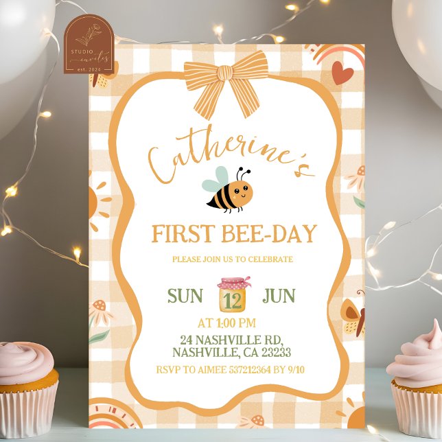 Invitación Orange Gingham Plaid Bee Birthday Invitation (Subido por el creador)