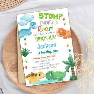 Invitación Orange Green Dinosaur Birthday Invitations
