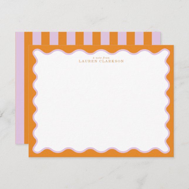 Invitación Orange & Lilac Wavy Frame Note Card with Striped E (Anverso / Reverso)