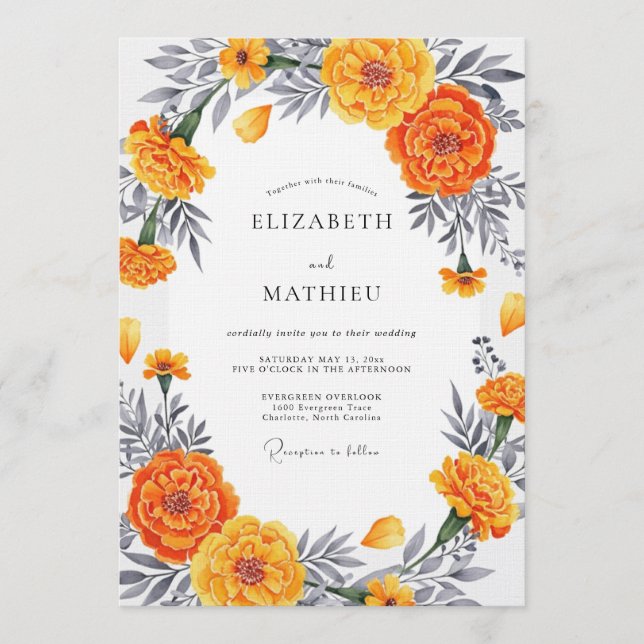 Invitación Orange Marigold Bloom Romantic Wedding (Anverso)