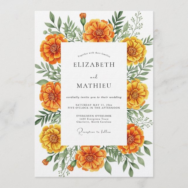 Invitación Orange Marigold Botanical Flourish Wedding (Anverso)