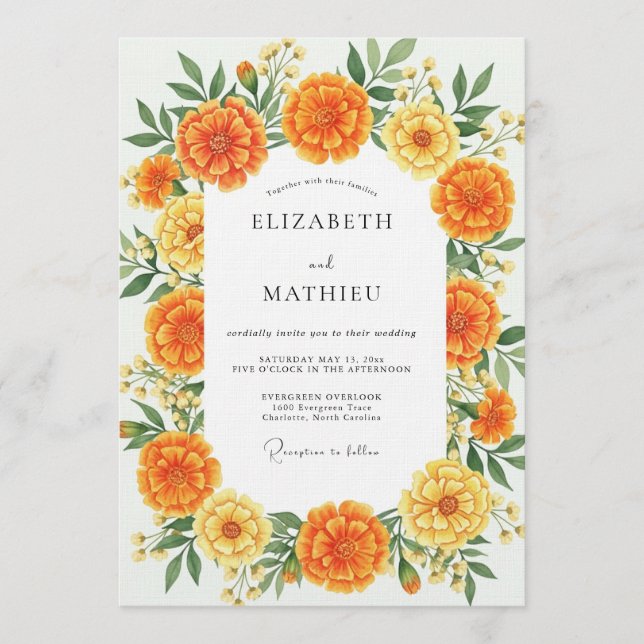 Invitación Orange Marigold Floral Whimsy Wedding (Anverso)