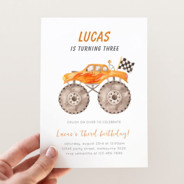 Invitación Orange Monster Truck Any Age Birthday (Subido por el creador)