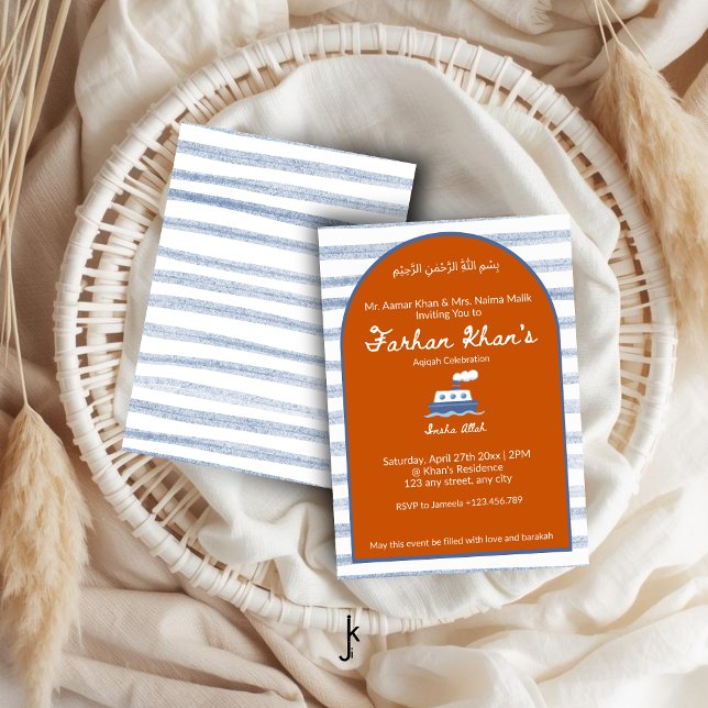 Invitación Orange Nautical Coastal Stripe Baby Boy Aqiqah (Subido por el creador)