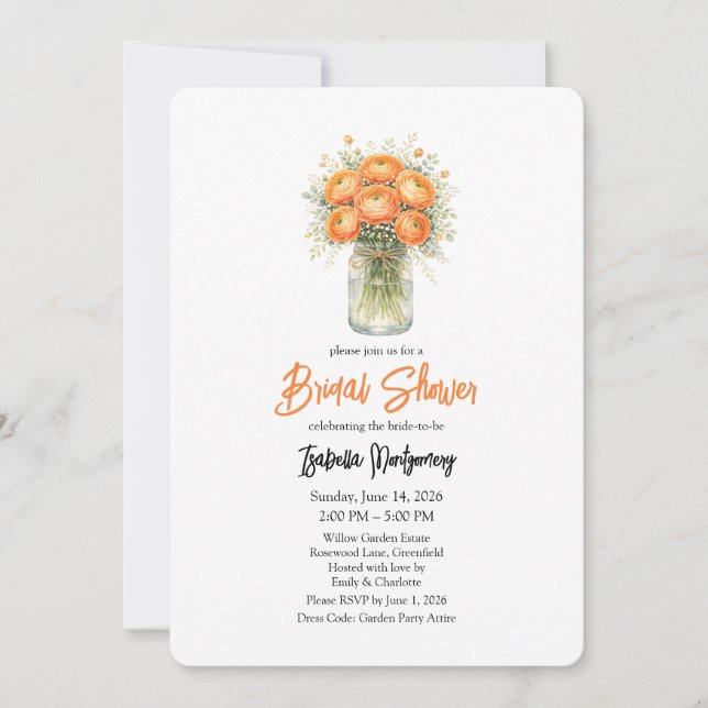 Invitación Orange Palette Ranunculus Mason Jar Bridal Shower (Anverso)