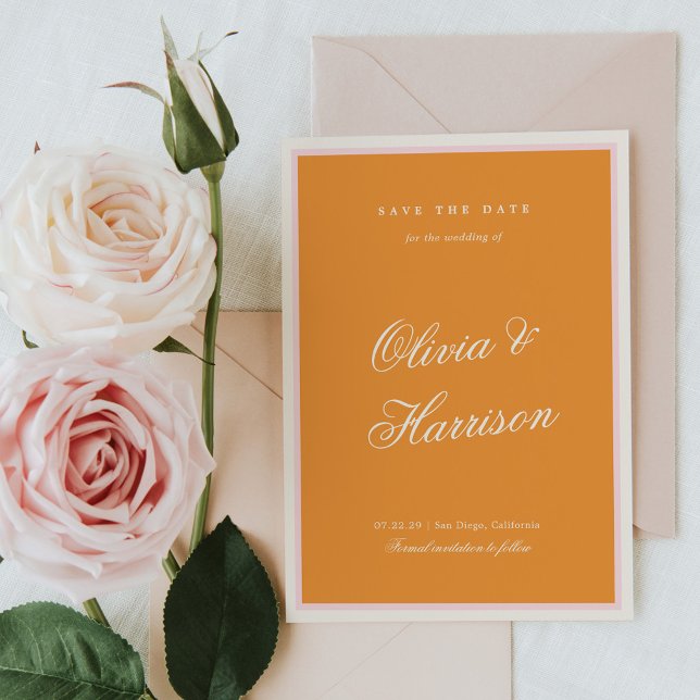 Invitación Orange Pink Stripe Wedding Save the Date (Subido por el creador)