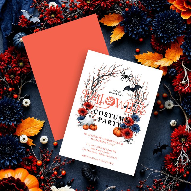 Invitación Orange Pumpkin Ghost Bats Spiders Halloween (Halloween Party Invitation Cards with Colorful Pumpkins, Ghosts, Bats, and Spiders on Back Orange.)