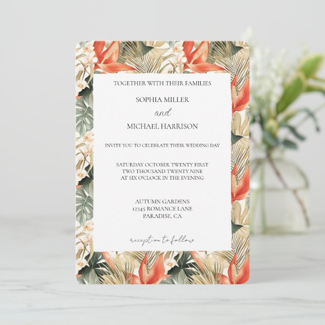 Invitación Orange Red Tropical Jungle Floral Wedding (Anverso de pie)