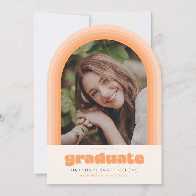 Invitación Orange Retro Striped Arch Graduation Announcement (Anverso)