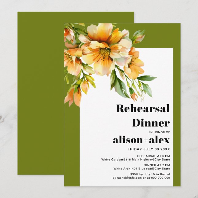 Invitación Orange rhododendron fall wedding rehearsal dinner (Anverso / Reverso)
