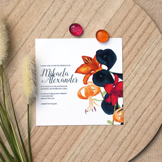 Invitación Orange Tiger Lilies, Blue Lily Wedding Invitation (Orange, Magenta, Navy Blue Fall Color Palette Wedding Invitations, Botanical Tiger Lilies)