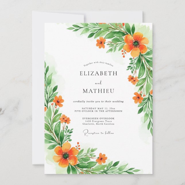 Invitación Orange Verdant Botanical Wedding (Anverso)